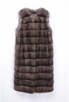 ROUNDED NECK LONG SABLE VEST WITH DRAWSTRING INSIDE