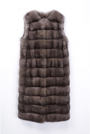 ROUNDED NECK LONG SABLE VEST WITH DRAWSTRING INSIDE