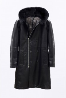 LONG HOODED LEATHER COAT WITH FOX LINING