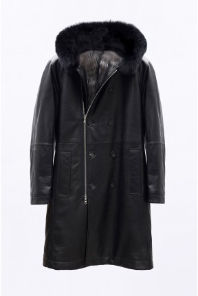 LONG HOODED LEATHER COAT WITH FOX LINING