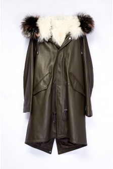 LEATHER HOODED COAT WITH WOOL LINING