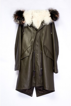 LEATHER HOODED COAT WITH WOOL LINING