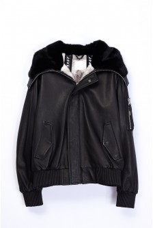 LEATHER HOODED DROP-SHOULDER JACKET WITH MINK LINING