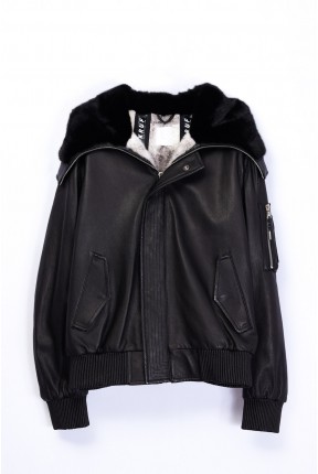 LEATHER HOODED DROP-SHOULDER JACKET WITH MINK LINING