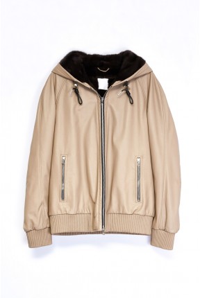 LEATHER BOMBER HOODED JACKET WITH MINK LINING