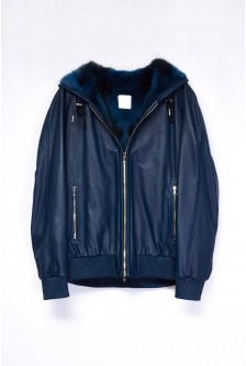 LEATHER BOMBER HOODED JACKET WITH MINK LINING