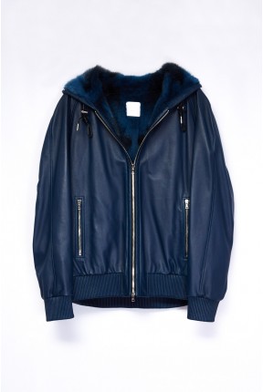 LEATHER BOMBER HOODED JACKET WITH MINK LINING