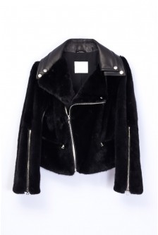 DOUBLE COLLAR MINK BIKER CROPPED JACKET