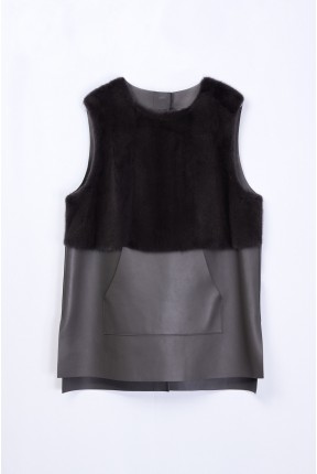 LEATHER GILET WITH MINK DETAIL