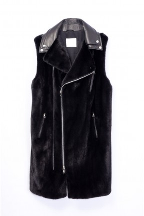 DOUBLE COLLAR MINK LONG BIKER VEST