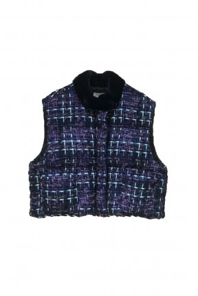 OVERSIZED PADDED TWEED CROP VEST WITH MINK COLLAR