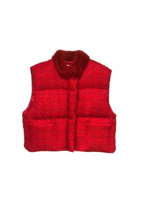 OVERSIZED PADDED TWEED CROP VEST WITH MINK COLLAR
