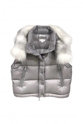 DOWN SHORT VEST WITH FOX TRIMMING HOOD