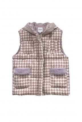 HOUNDSTOOTH TWEED DOWN VEST WITH HOOD
