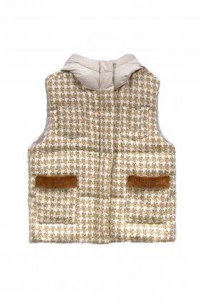 HOUNDSTOOTH TWEED DOWN VEST WITH HOOD