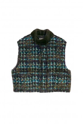 OVERSIZED PADDED TWEED CROP VEST WITH MINK COLLAR