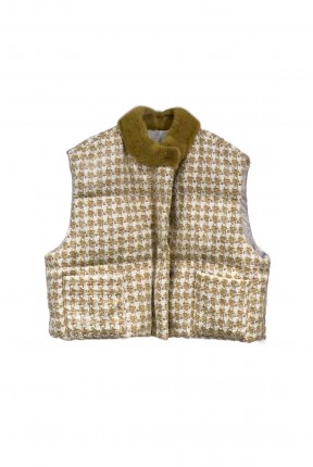 OVERSIZED PADDED HOUNDSTOOTH TWEED CROP VEST WITH MINK COLLAR