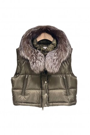 DOWN SHORT VEST WITH RACCOON TRIMMING HOOD