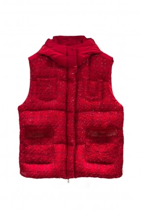 TWEED DOWN VEST WITH HOOD